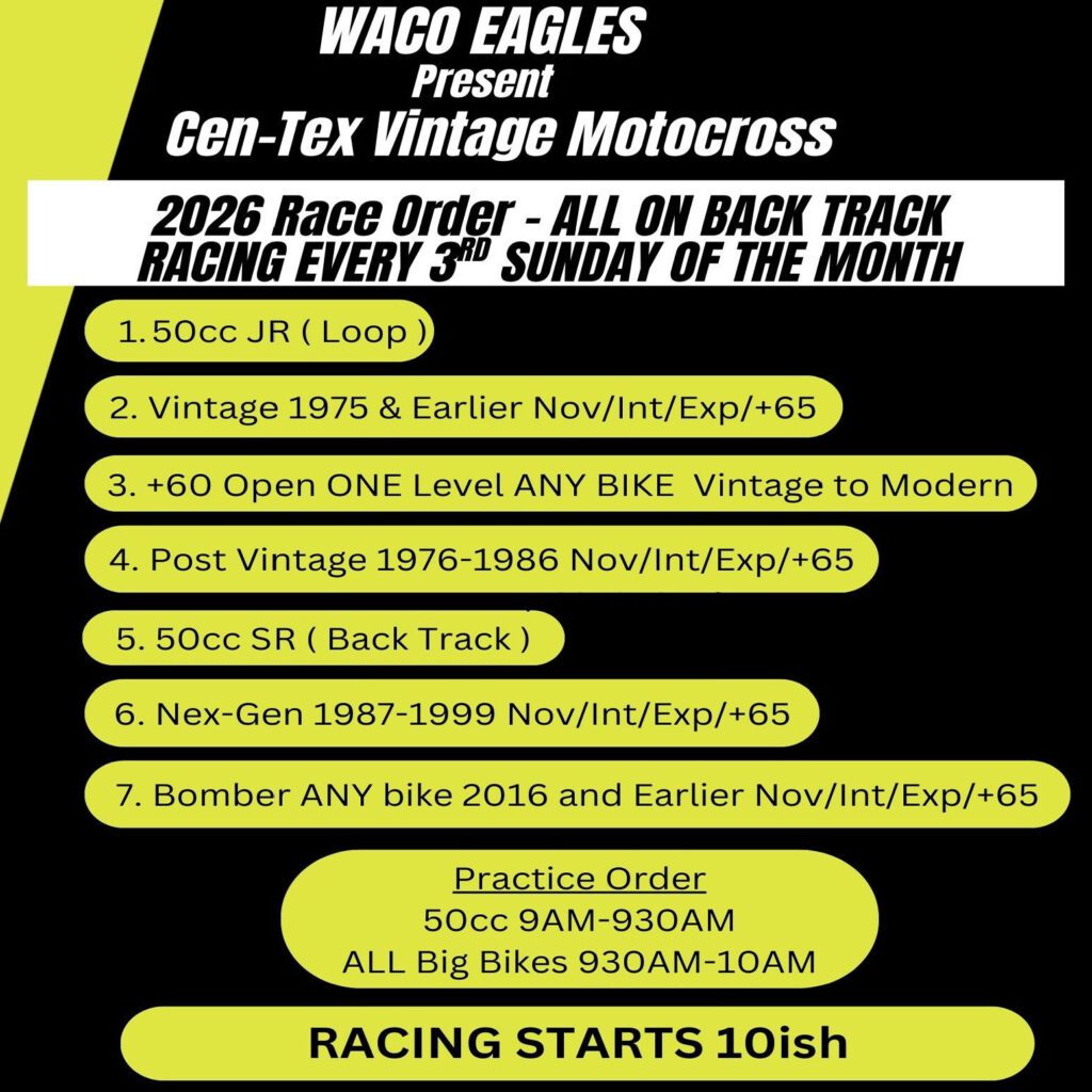 Cen-Tex Vintage Motocross 2026 Waco Eagles MX Park Riesel, Texas